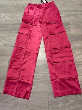 Satin Cargo Wide-Leg Pants in Bright Fuchsia
